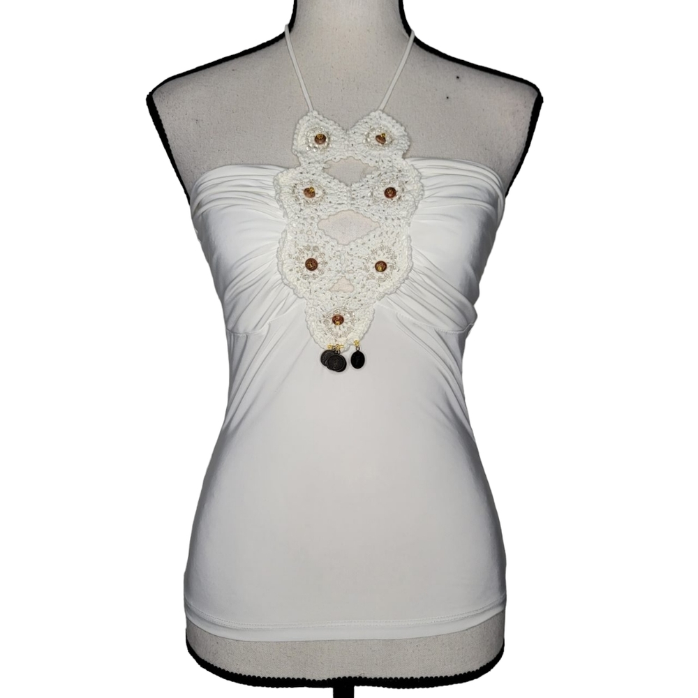 Y2K white boho embellished beaded crochet keyhole halter top
